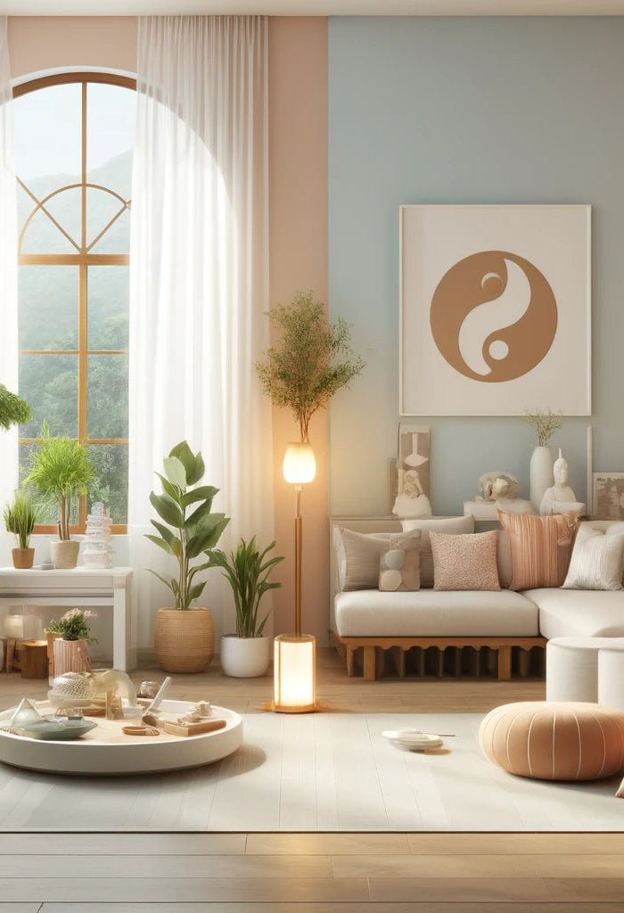 Intérieur zen avec déco minimaliste et éléments Feng Shui, parfait pour la détente