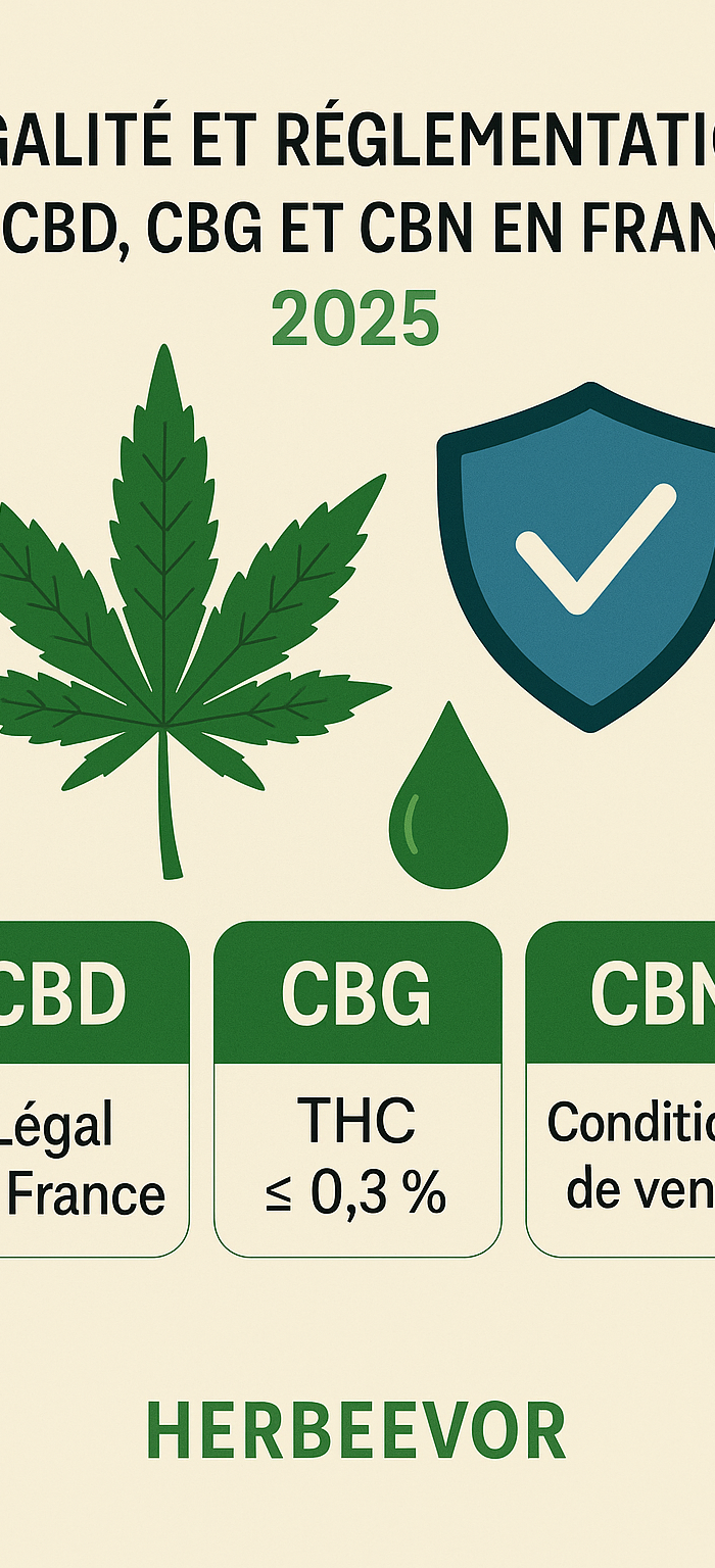 Infographie en français sur la légalité du CBD, CBG et CBN en France en 2025, avec feuille de chanvre, pictogramme de sécurité et résumé des conditions légales.