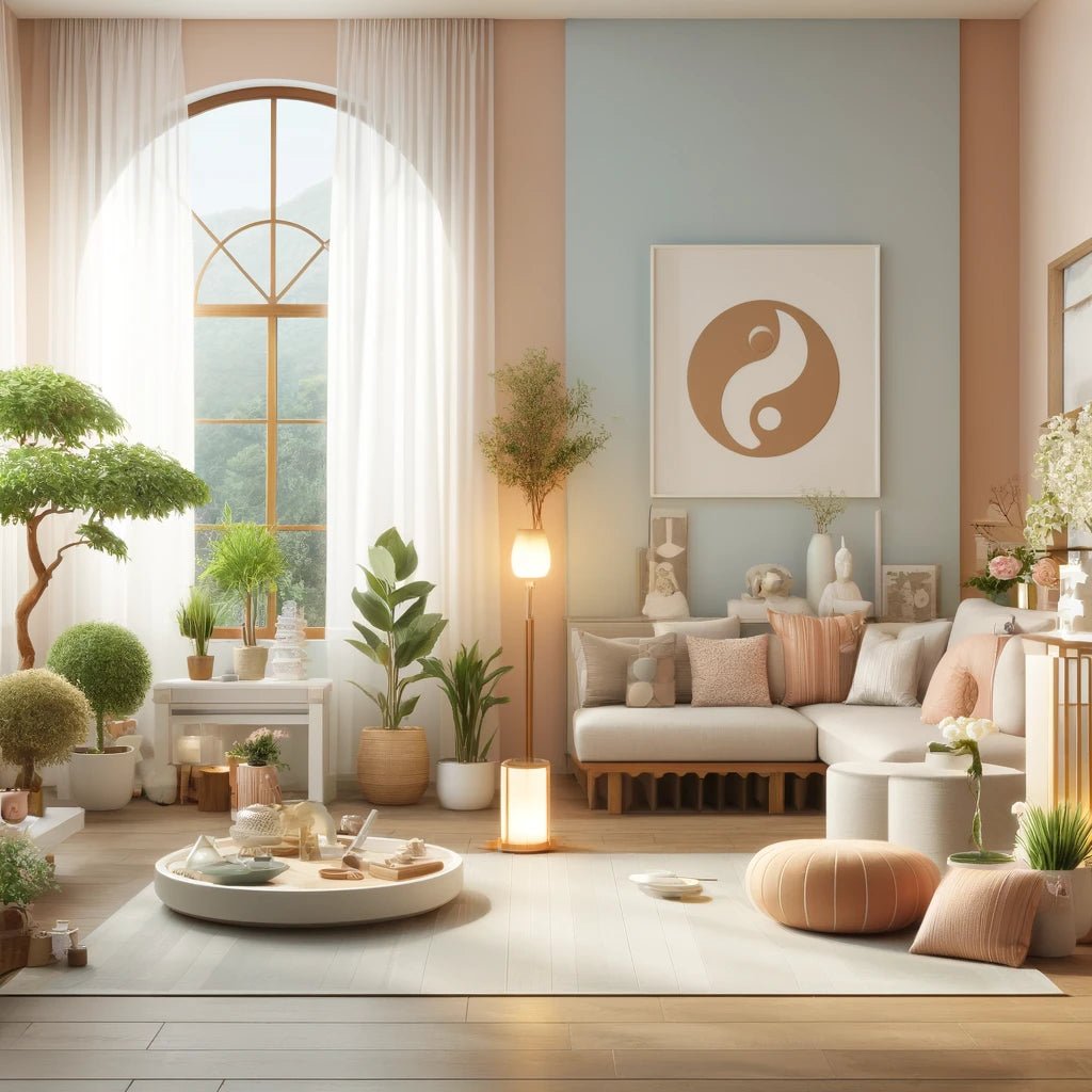 Intérieur zen avec déco minimaliste et éléments Feng Shui, parfait pour la détente