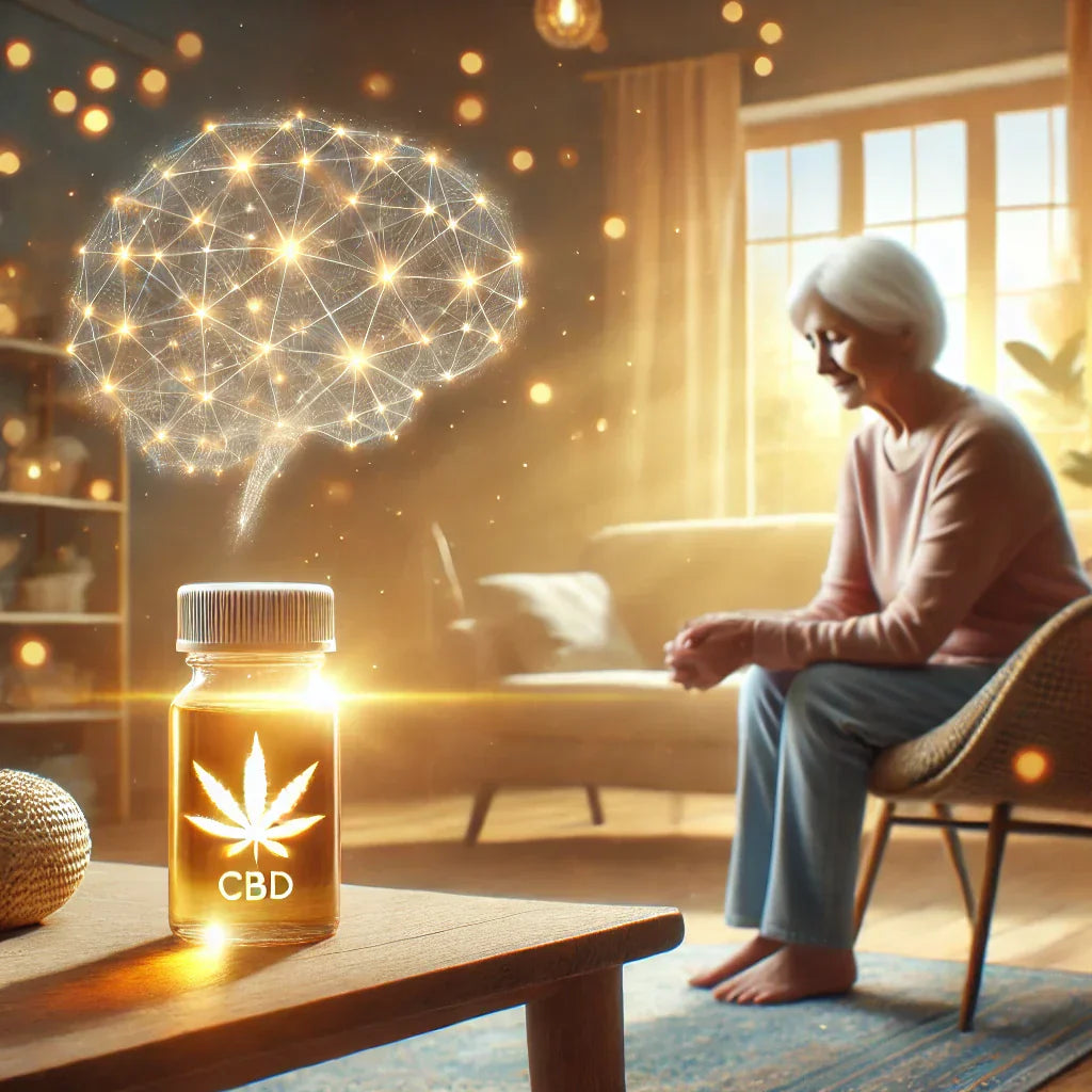 Un patient âgé atteint d'Alzheimer assis paisiblement dans un salon lumineux, avec une bouteille d'huile de CBD posée sur une table à proximité. L’ambiance chaleureuse et apaisante symbolise les bienfaits potentiels du CBD sur la cognition et le bien-être