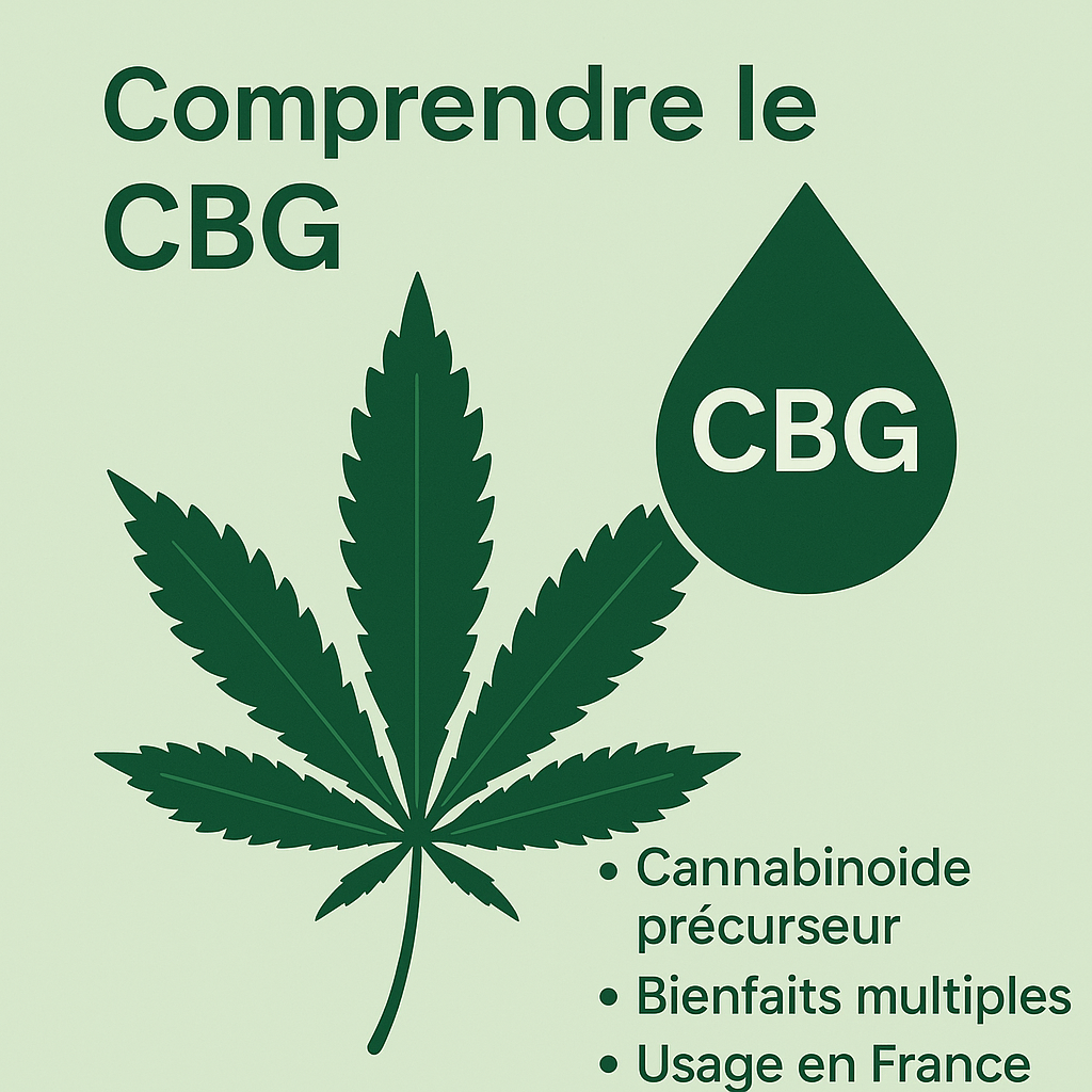 Illustration informative sur le CBG avec une feuille de chanvre, une goutte d’huile, et les mentions "cannabinoïde précurseur", "bienfaits multiples", "usage en France".
