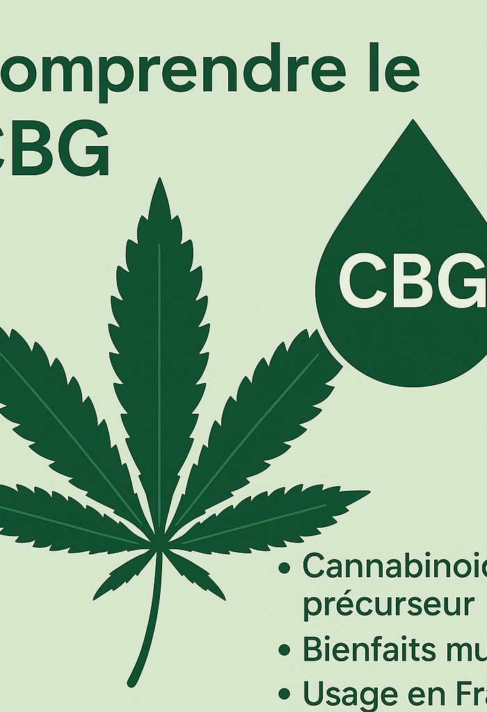 Illustration informative sur le CBG avec une feuille de chanvre, une goutte d’huile, et les mentions "cannabinoïde précurseur", "bienfaits multiples", "usage en France".