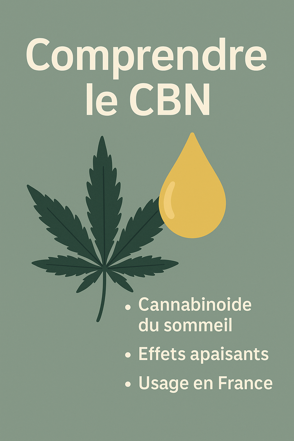 Illustration explicative sur le CBN avec une feuille de chanvre, une goutte dorée et les mentions "cannabinoïde du sommeil", "effets apaisants", "usage en France".