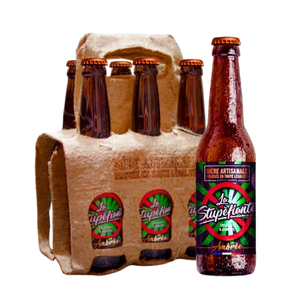 Pack de 6 bières ambrées La Stupéfiante au CBD et chanvre, 6% alc. vol., brassée artisanalement en France. Disponible chez Herbeevor.