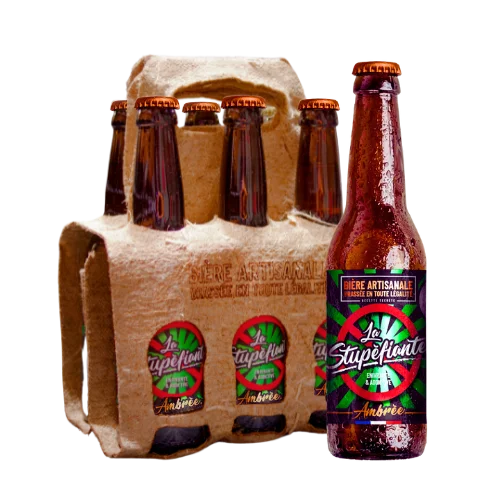 Pack de 6 bières ambrées La Stupéfiante au CBD et chanvre, 6% alc. vol., brassée artisanalement en France. Disponible chez Herbeevor.