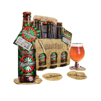 Pack de bières ambrées La Stupéfiante au CBD et chanvre, 6% alc. vol., brassée artisanalement en France. Saveurs riches et équilibrées. Disponible chez Herbeevor.