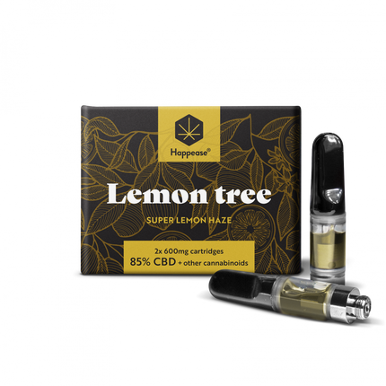 Cartouche de vape CBD Happease Lemon Tree – 85% CBD, saveur Super Lemon Haze. Kit de vapotage premium disponible chez Herbeevor.