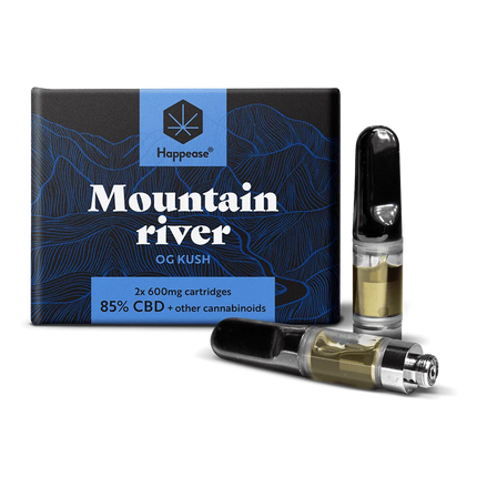 Cartouche vape CBD Happease Mountain River – 85% CBD, saveur OG Kush. Recharge de 600mg pour vaporisateur. Disponible chez Herbeevor pour une expérience de vape intense et relaxante.