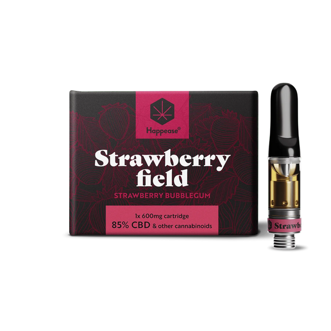 Cartouche CBD Happease Strawberry Field – 85% CBD, saveur fraise bubblegum. Compatible avec les stylos vape standards. Profitez d’une expérience aromatique fruitée avec Herbeevor.