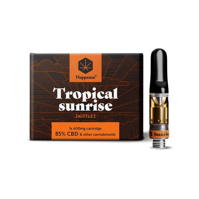 Cartouche Vape CBD Happease Tropical Sunrise – 85% CBD, saveur Zkittlez tropical. Recharge 600mg pour vapoteuse, idéale pour une expérience fruitée et relaxante. Disponible chez Herbeevor.