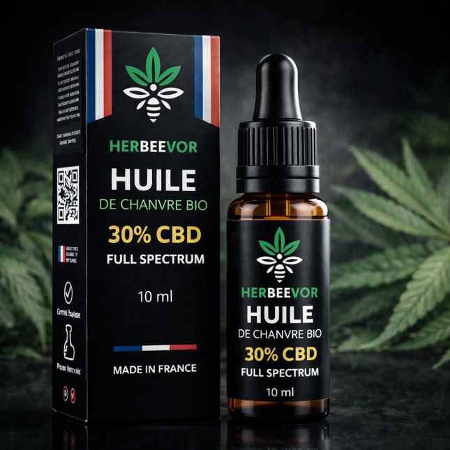 Huile CBD 30% full spectrum Herbeevor 10ml bio made in France flacon et packaging