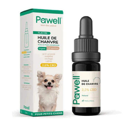 Huile de CBD 2.5% pour petits chiens Pawell– formulation naturelle full spectrum pour soulager l’anxiété, améliorer la mobilité et favoriser le calme, disponible chez Herbeevor