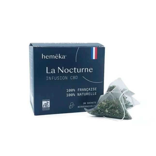 Infusion bio au CBD La Nocturne de Hemeka, idéale pour la relaxation et le sommeil. 20 sachets biodégradables, 100% naturels et fabriqués en France.