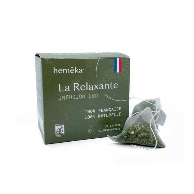 Infusion au CBD La Relaxante de Hemeka, certifiée bio, 100% naturelle et française. Boîte de 20 sachets pour un effet apaisant et anti-stress.