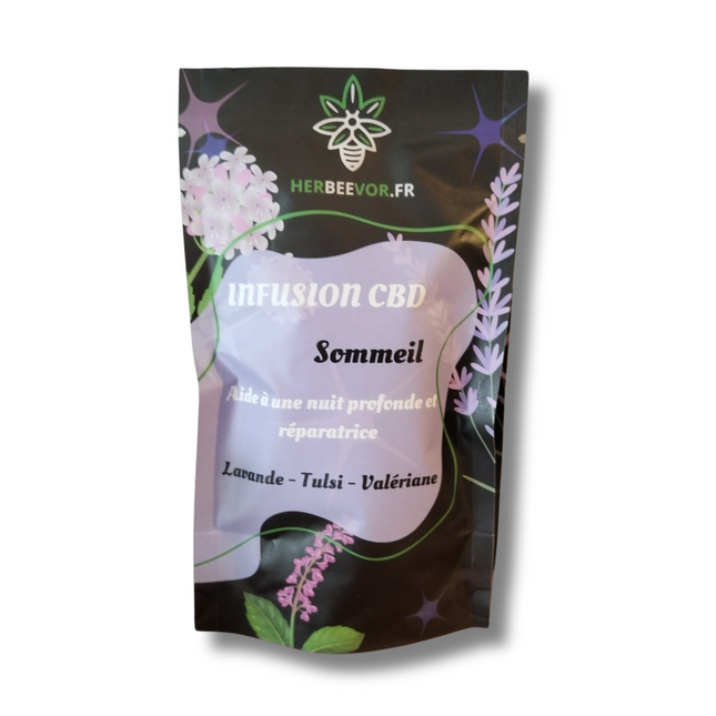 Infusion CBD Sommeil Herbeevor – mélange apaisant de lavande, tulsi et valériane pour favoriser un sommeil profond et réparateur.