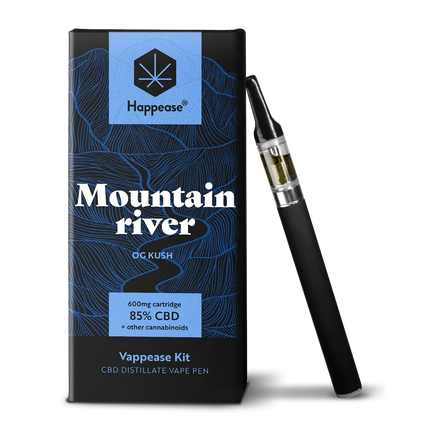 Kit vape CBD Happease Mountain River – 85% CBD, saveur OG Kush. Stylo vaporisateur avec cartouche 600mg pour une inhalation pure et intense. Disponible chez Herbeevor.