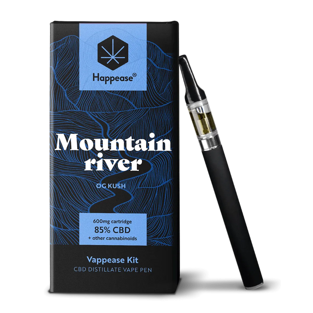 Kit vape CBD Happease Mountain River – 85% CBD, saveur OG Kush. Stylo vaporisateur avec cartouche 600mg pour une inhalation pure et intense. Disponible chez Herbeevor.