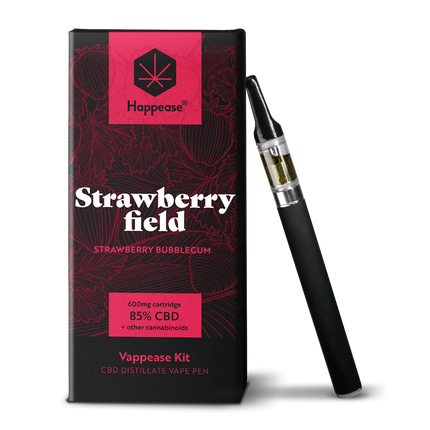 Kit Vape CBD Happease Strawberry Field – 85% CBD, saveur fraise bubblegum. Stylo vape rechargeable avec cartouche de 600mg. Découvrez une vapeur douce et fruitée avec Herbeevor.