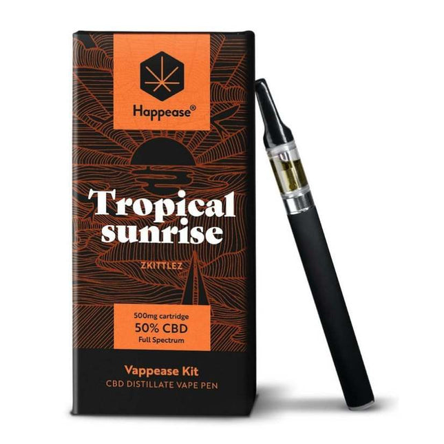 Kit Vape CBD Happease Tropical Sunrise – 50% CBD Full Spectrum, saveur Zkittlez. Vape pen rechargeable avec cartouche 500mg pour une expérience de vapotage douce et fruitée. Disponible chez Herbeevor.