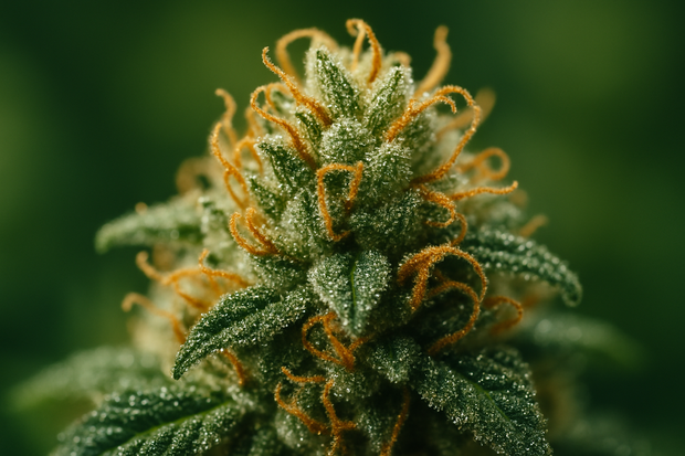 Photographie artistique macro d’une fleur de chanvre CBD indoor : pistils orangés, trichomes scintillants, fond flouté naturel vert profond. Lumière douce, effet “bijou botanique”. Ambiance sensorielle, gourmande et premium. Pas de texte.