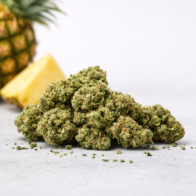 Fleur CBD Pineapple Express greenhouse 14% buds résineux arômes tropicaux ananas