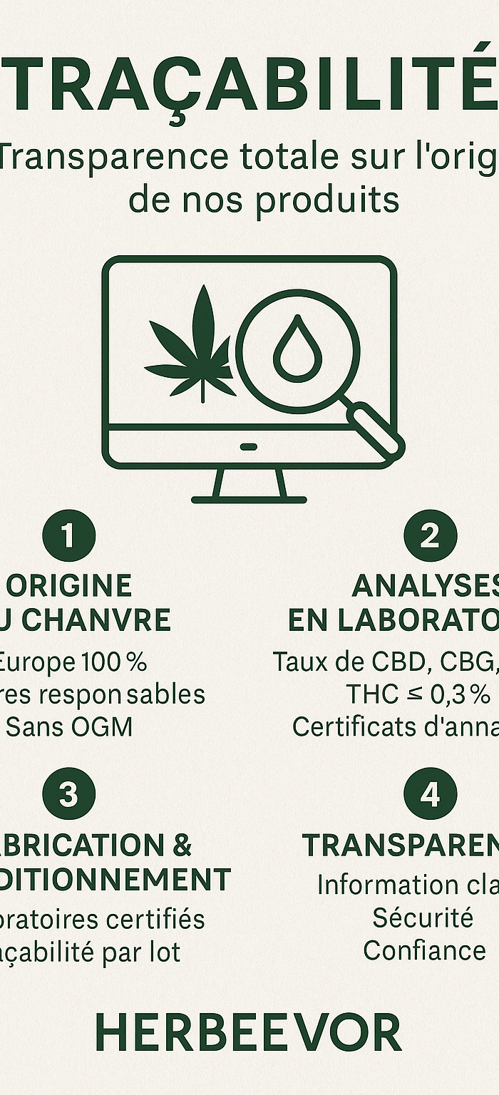 Infographie française sur la traçabilité des produits Herbeevor : origine du chanvre, analyses en laboratoire, fabrication certifiée et transparence pour le consommateur.